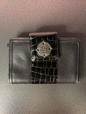 Brighton Black Textured Leather Wallet with Croc Patent Accent